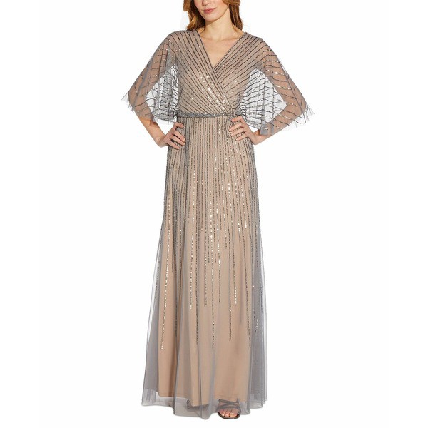 アドリアナ パペル レディース ワンピース トップス Beaded Kimono-Sleeve Gown Sterling Nude