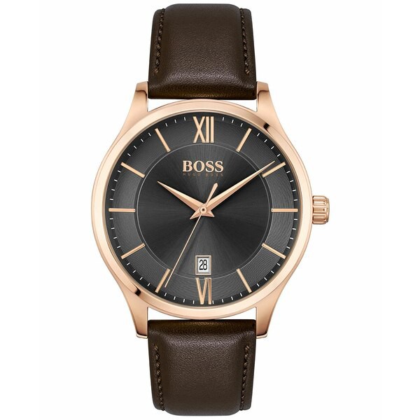 ボス メンズ 腕時計 アクセサリー Men's Elite Brown Leather Strap Watch 41mm Rose Gold