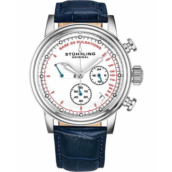 スターリング メンズ 腕時計 アクセサリー Men's Quartz Pulsometer Chronograph, White Dial, Blue Leather Strap Watch White