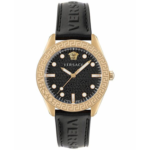 ヴェルサーチ メンズ 腕時計 アクセサリー Men's Swiss Greca Dome Black Leather Strap Watch 42mm Ip Yellow Gold