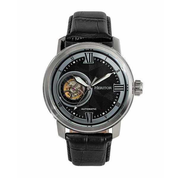 ヘリトール レディース 腕時計 アクセサリー Women's Automatic Maxim Semi Skeleton Black Genuine Leather Band Watch, 47mm Silver-to