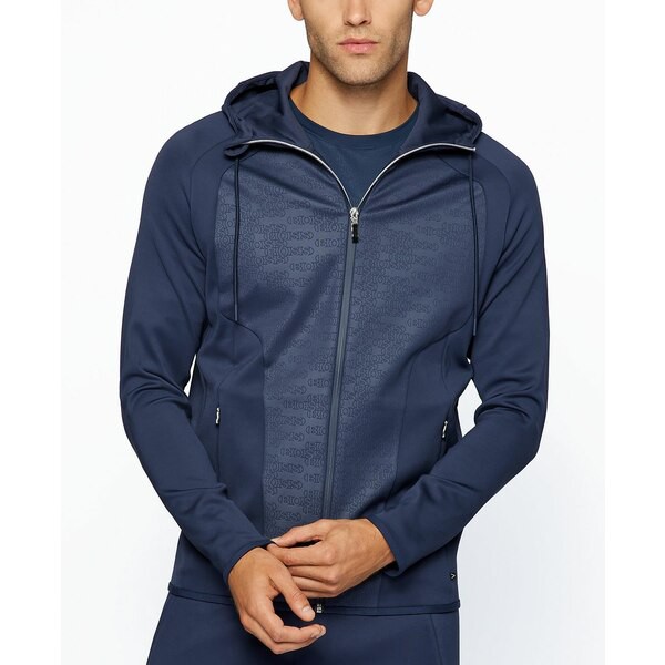 ヒューゴボス メンズ シャツ トップス BOSS Men's Hooded Stretch-Fabric Sweatshirt Navy