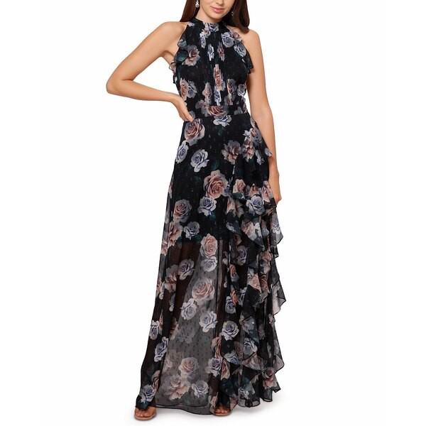 ベッツィ アンド アダム レディース ワンピース トップス Ruffled Halter Gown Black/Peach Floral