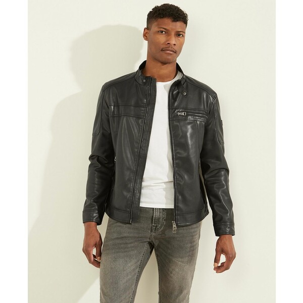 ゲス メンズ ジャケット＆ブルゾン アウター Men's Faux-Leather Biker Jacket Black