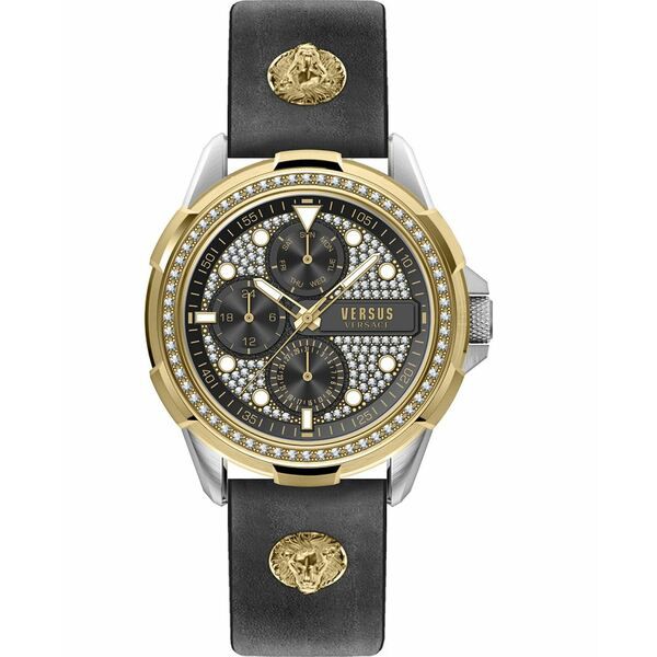 ヴェルサス ヴェルサーチ メンズ 腕時計 アクセサリー Versus by Versace Men's 6e Arrondissement Black Leather Strap Watch 46mm Stai