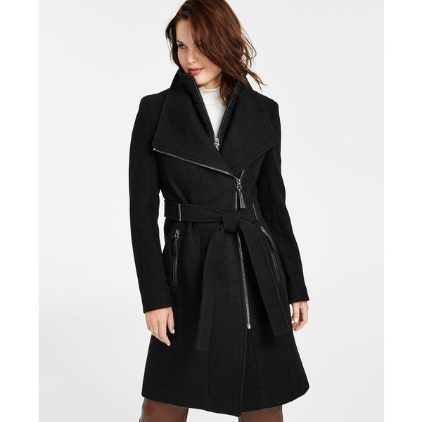 カルバンクライン レディース ジャケット＆ブルゾン アウター Women's Faux-Leather Trim Belted Wrap Coat, Created for Macy's Black T