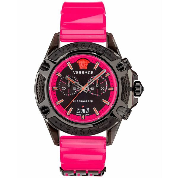 ヴェルサーチ メンズ 腕時計 アクセサリー Men's Swiss Chronograph Icon Active Pink Silicone Strap Watch 44mm Ip Black