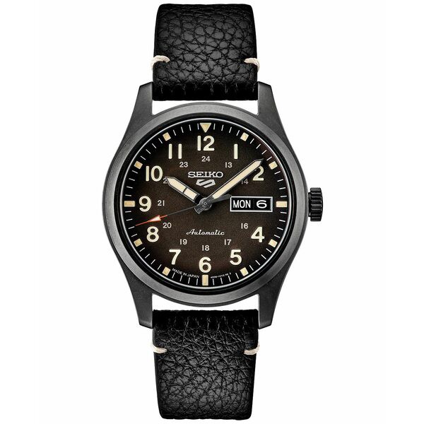 セイコー メンズ 腕時計 アクセサリー Men's Automatic 5 Sports Black Leather Strap Watch 43mm Black