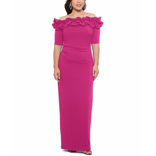 エスケープ レディース ワンピース トップス Plus Size Ruffled Off-The-Shoulder Gown New Fushia