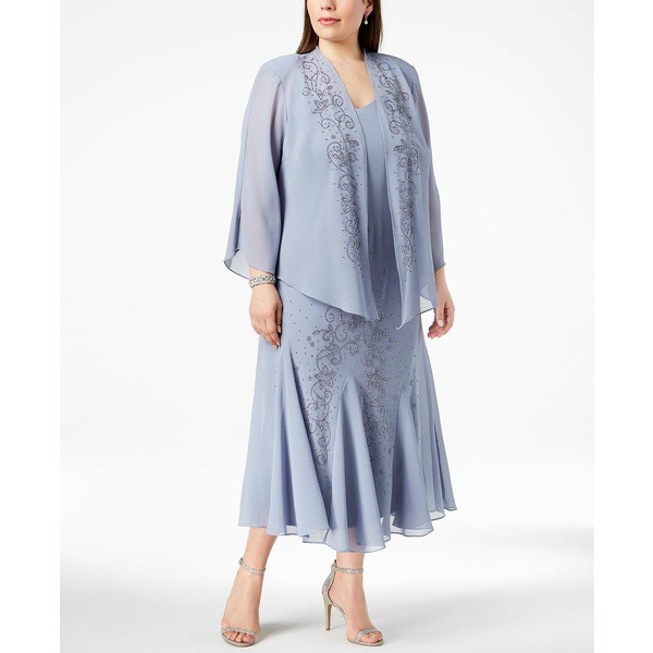 アールアンドエムリチャーズ レディース ワンピース トップス R&M Richards Plus Size Beaded V-Neck Dress and Jacket Periwinkle