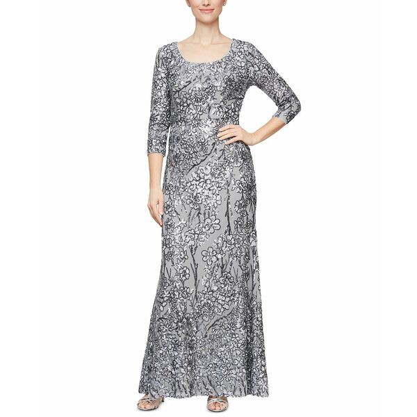 アレックスイブニングス レディース ワンピース トップス Sequined 3/4-Sleeve Gown Silver