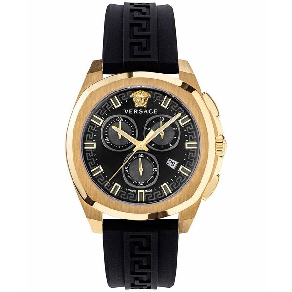 ヴェルサーチ メンズ 腕時計 アクセサリー Men's Swiss Chronograph Geo Black Silicone Strap Watch 43mm Ip Yellow Gold