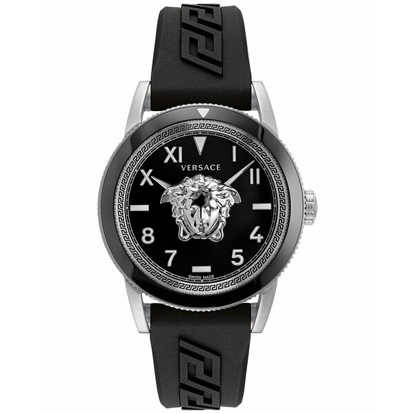 ヴェルサーチ メンズ 腕時計 アクセサリー Men's Swiss V-Palazzo Black Logo Silicone Strap Watch 43mm Stainless Steel