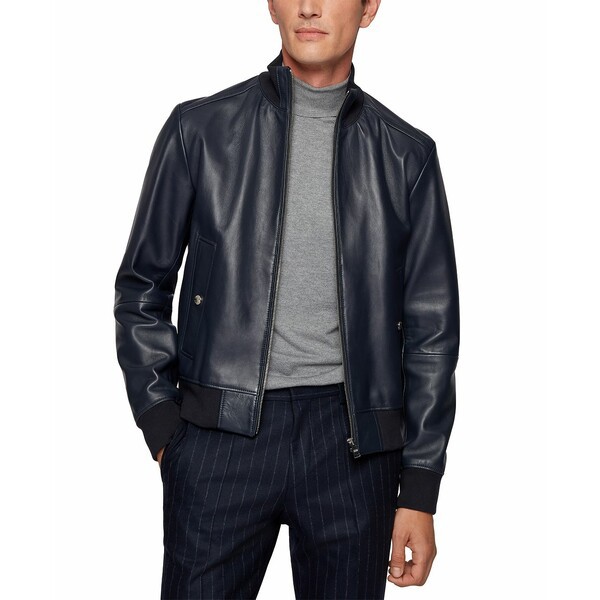 ヒューゴボス メンズ ジャケット＆ブルゾン アウター BOSS Men's Bomber-Style Leather Jacket Dark Blue