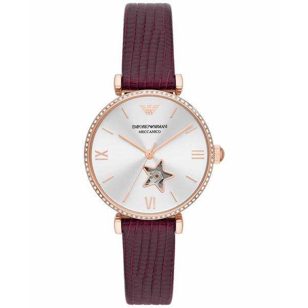 エンポリオ アルマーニ レディース 腕時計 アクセサリー Women's Automatic Burgundy Leather Strap Watch 34mm Beige Gold