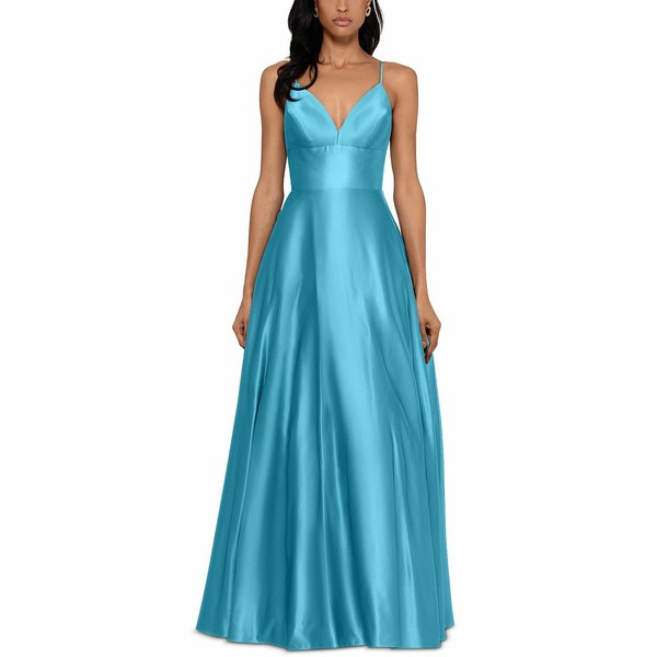 ベッツィ アンド アダム レディース ワンピース トップス Satin V-Neck Ball Gown Aqua