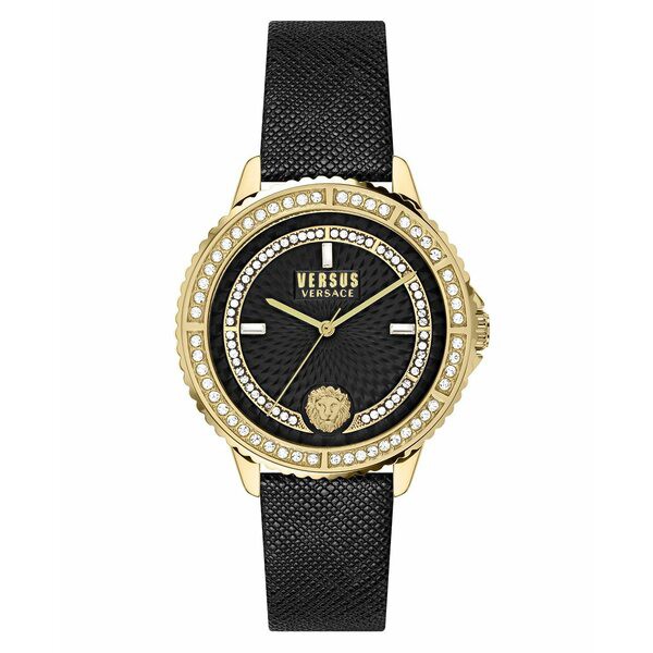 ヴェルサス ヴェルサーチ レディース 腕時計 アクセサリー Versus by Versace Women's Montorgueil Black Leather Strap Watch 38mm Gold