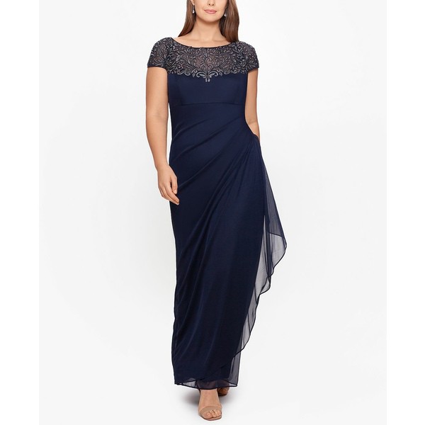 エスケープ レディース ワンピース トップス Plus Size Embellished Illusion-Yoke Gown Navy Blue/Gunmetal