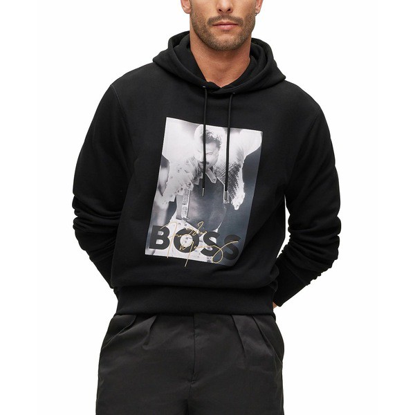 ヒューゴボス メンズ パーカー・スウェットシャツ アウター BOSS Men's Cotton-Terry Hoodie Black