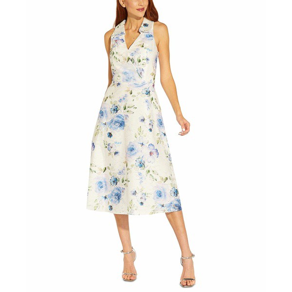 アドリアナ パペル レディース ワンピース トップス Petite Floral-Print Midi Dress Ivory/blue