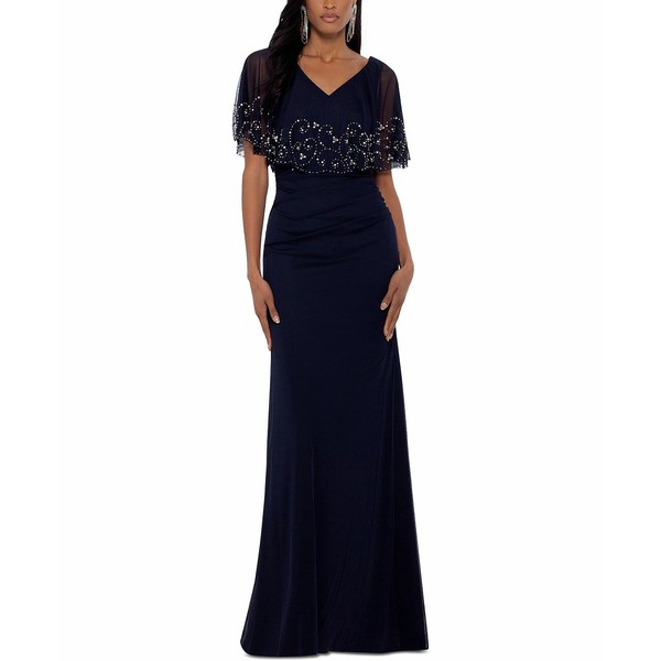 ベッツィ アンド アダム レディース ワンピース トップス Embellished Beaded-Overlay Gown Navy Blue/Silver