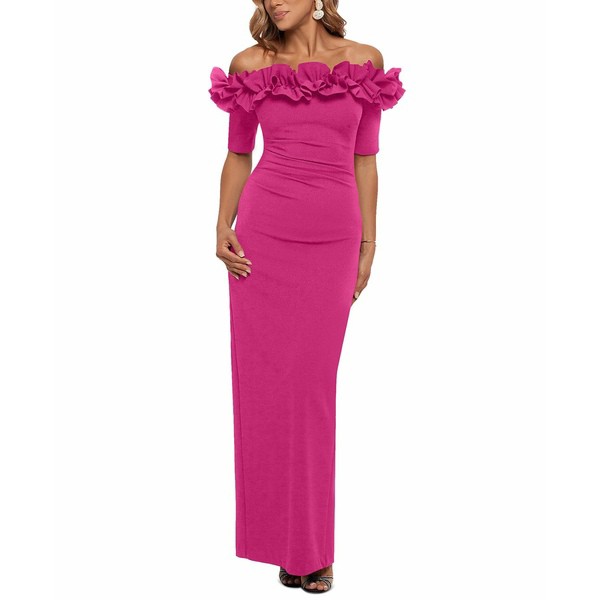 エスケープ レディース ワンピース トップス Petite Off-The-Shoulder Ruffled Gown New Fushia