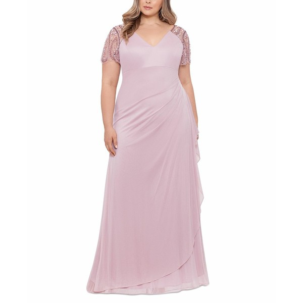 エスケープ レディース ワンピース トップス Plus Size Embellished Sheer Matte Jersey Gown Rose