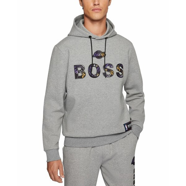 ヒューゴボス メンズ パーカー・スウェットシャツ アウター BOSS Men's NBA Los Angeles Lakers Cotton-Blend Hoodie Open Grey