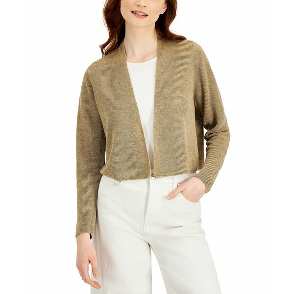 エイリーンフィッシャー レディース ニット&セーター アウター Women's Organic Linen V-Neck Open-Front Cardigan Khaki