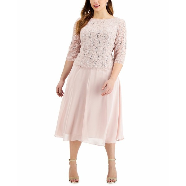 アレックスイブニングス レディース ワンピース トップス Plus Size Sequined Lace A-Line Dress Shell Pink