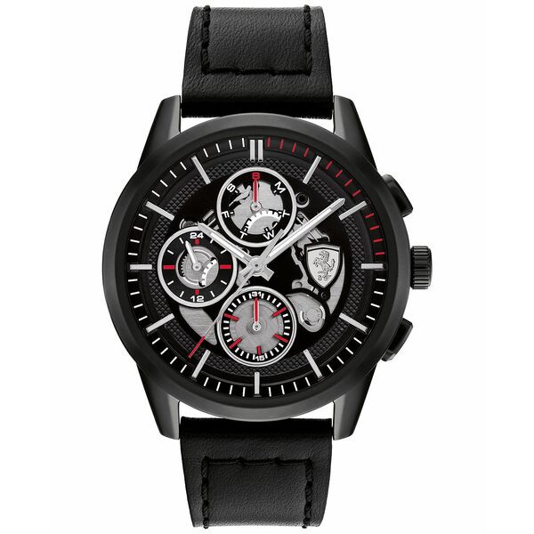 フェラーリ メンズ 腕時計 アクセサリー Men's Grand Tour Black Leather Strap Watch 44mm Black