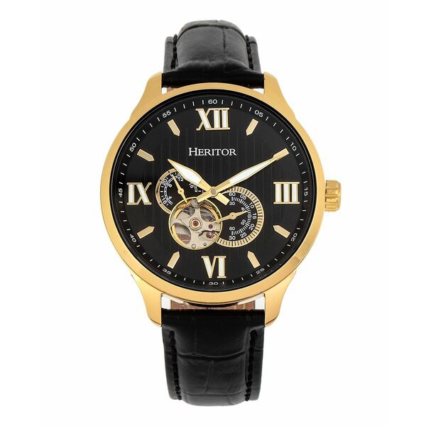 ヘリトール レディース 腕時計 アクセサリー Women's Automatic Harding Semi Skeleton Black Genuine Leather Band Watch, 47mm Gold-To