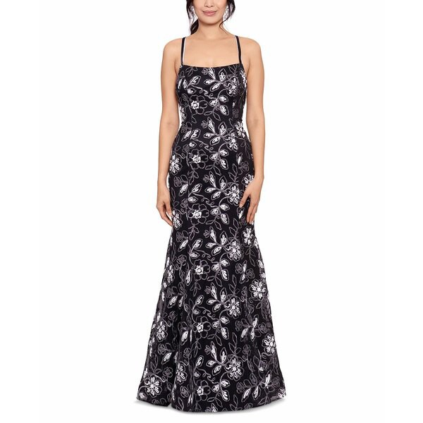 ベッツィ アンド アダム レディース ワンピース トップス Embroidered Lace-Up-Back Gown Black/White