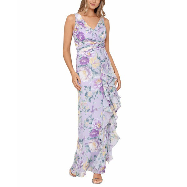 エスケープ レディース ワンピース トップス Women's Twist-Front Ruffled Gown Purple Multi