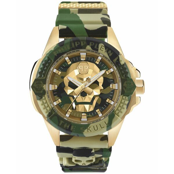 フィリッププレイン メンズ 腕時計 アクセサリー Men's The Skull Yellow Gold-Tone and Green Camouflage Silicone Strap Watch 44mm Go