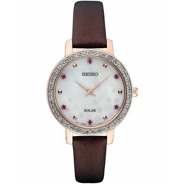 セイコー レディース 腕時計 アクセサリー Women's Solar Crystal Burgundy Leather Strap Watch 30mm Mother Of Pearl