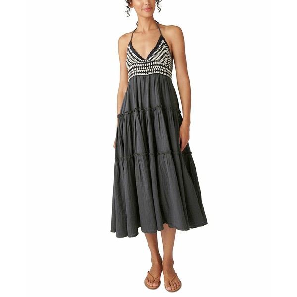 ラッキーブランド レディース ワンピース トップス Women's Cotton Crochet-Trim Maxi Dress Washed Black