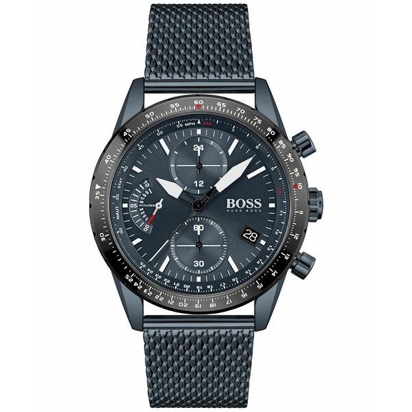 ボス メンズ 腕時計 アクセサリー Men's Chronograph Pilot Blue Ion Plated Stainless Steel Mesh Bracelet Watch 44mm Blue