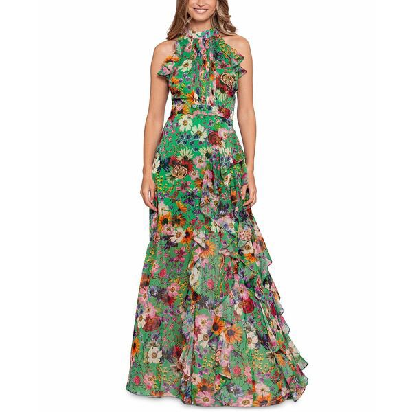 ベッツィ アンド アダム レディース ワンピース トップス Women's Floral-Print Ruffled Halter Gown Green