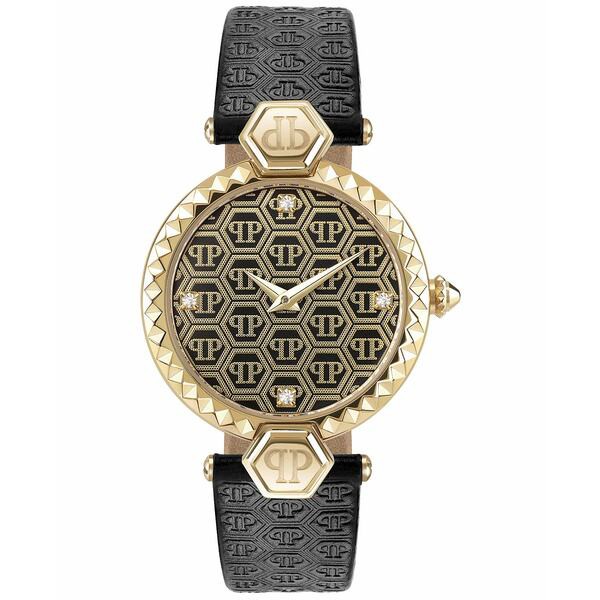 フィリッププレイン レディース 腕時計 アクセサリー Women's Plein Couture Black Calf Leather Strap Watch 32mm Gold-Tone