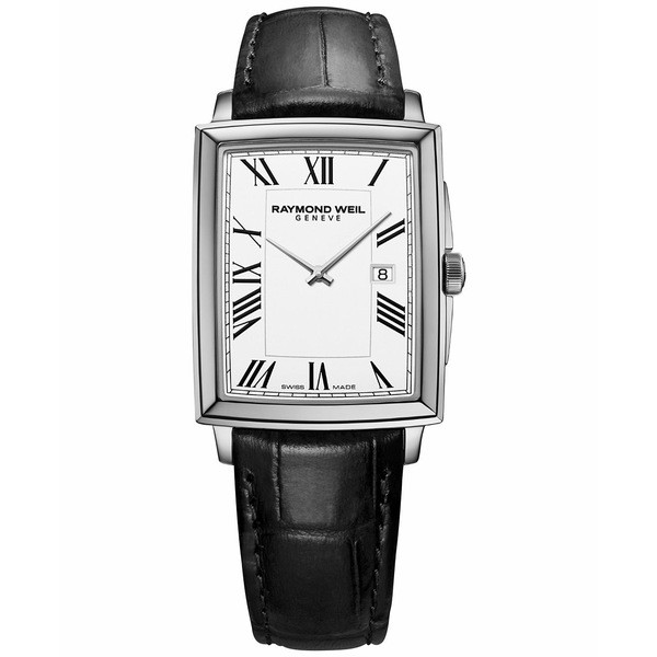 レイモンドウェイル メンズ 腕時計 アクセサリー Men's Swiss Toccata Black Leather Strap Watch 29x37mm White