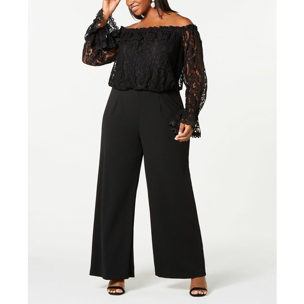 アドリアナ パペル レディース ワンピース トップス Plus Size Off-The-Shoulder Lace Jumpsuit Black