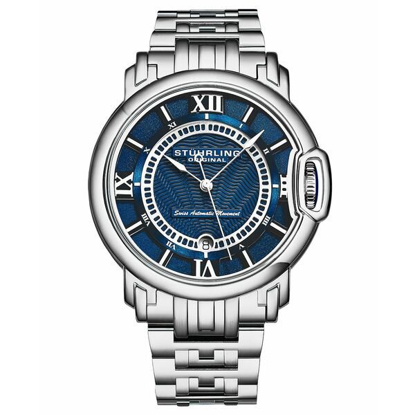 スターリング メンズ 腕時計 アクセサリー Men's Swiss Silver-Tone Stainless Steel Bracelet Automatic Watch 51mm Blue