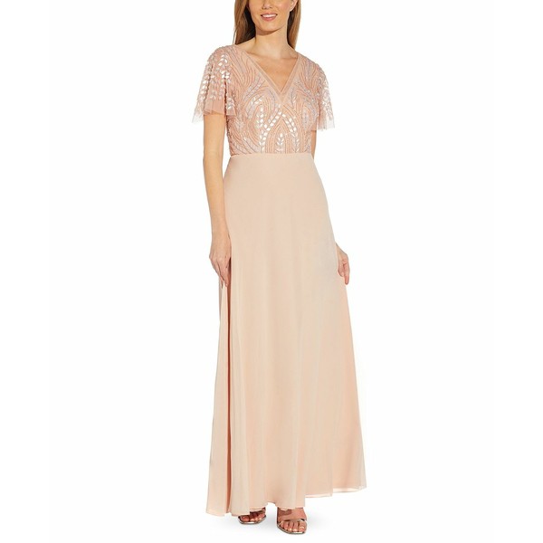 アドリアナ パペル レディース ワンピース トップス V-Neck Beaded-Bodice Gown Blush