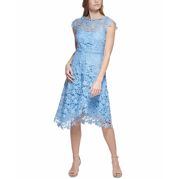 エリザジェイ レディース ワンピース トップス Lace Asymmetrical-Hem Midi Dress Light Blue