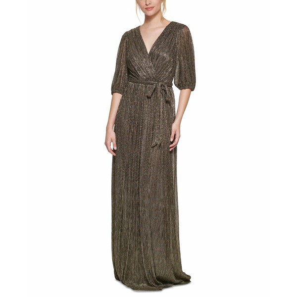 エリザジェイ レディース ワンピース トップス Metallic Faux-Wrap Gown Gold