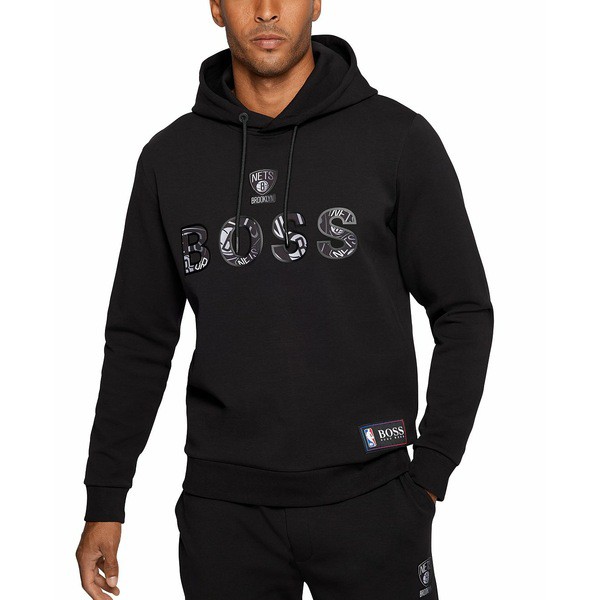 ヒューゴボス メンズ パーカー・スウェットシャツ アウター BOSS Men's NBA Brooklyn Nets Cotton-Blend Hoodie Midnight Black