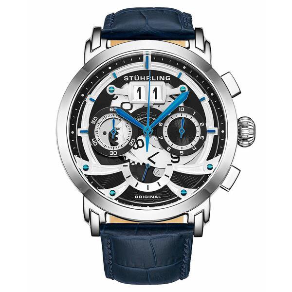 スターリング メンズ 腕時計 アクセサリー Men's Chronograph Blue Alligator Embossed Genuine Leather Strap Watch 47mm Black