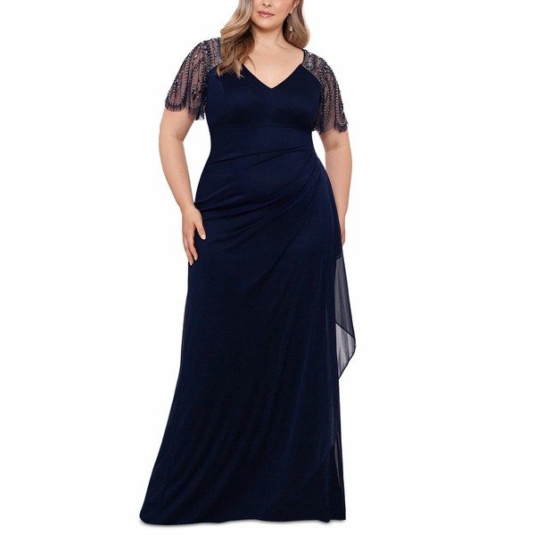 エスケープ レディース ワンピース トップス Plus Size Embellished Sheer Matte Jersey Gown Navy