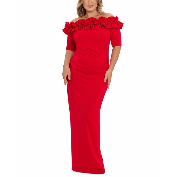 エスケープ レディース ワンピース トップス Plus Size Ruffled Off-The-Shoulder Gown Red